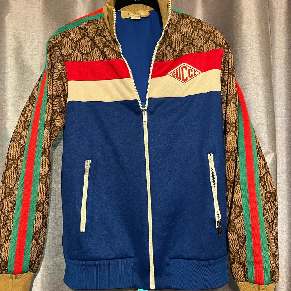 Gucci Blue and Brown Logo Bomber Jacket. Fit ladies up to size 6.